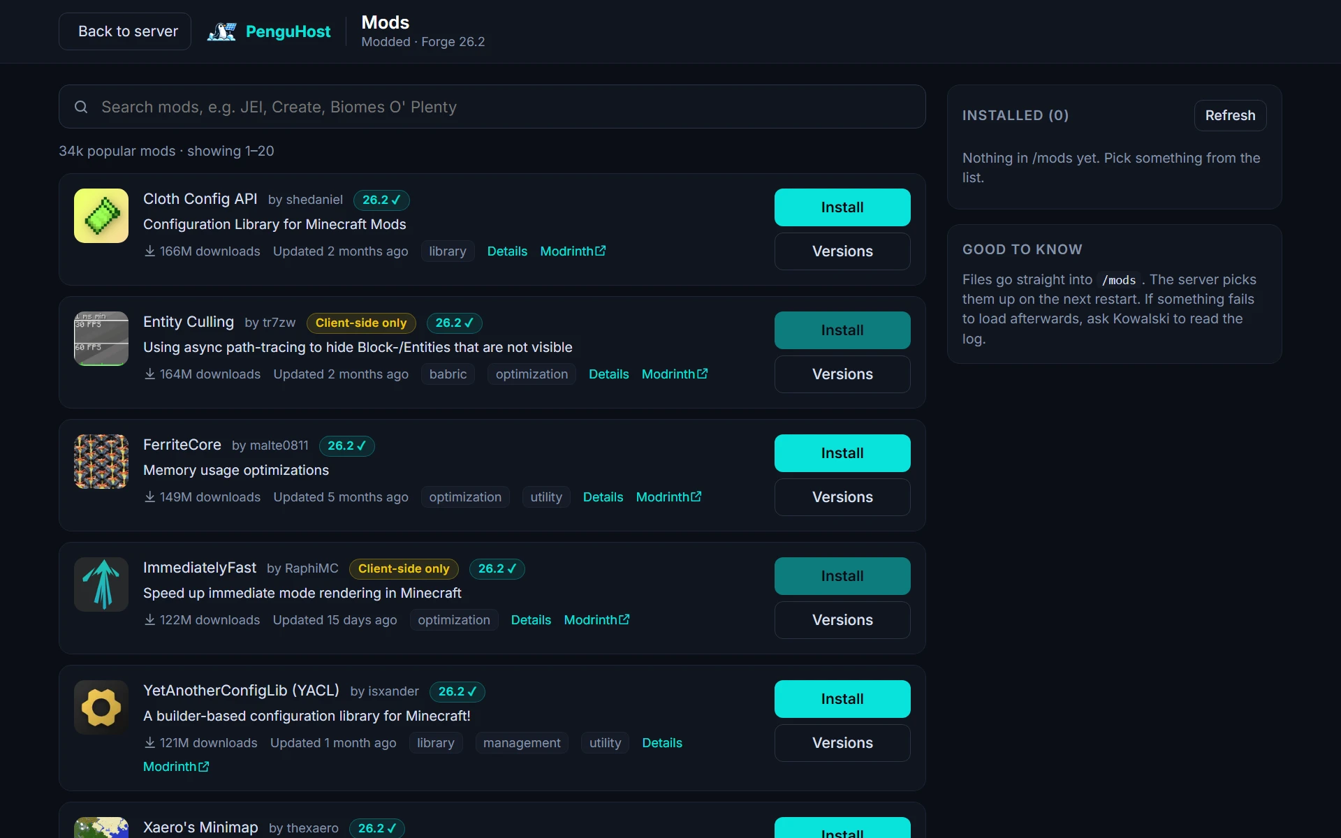 The mod installer for a Forge server: popular mods from Modrinth with compatibility badges and install buttons