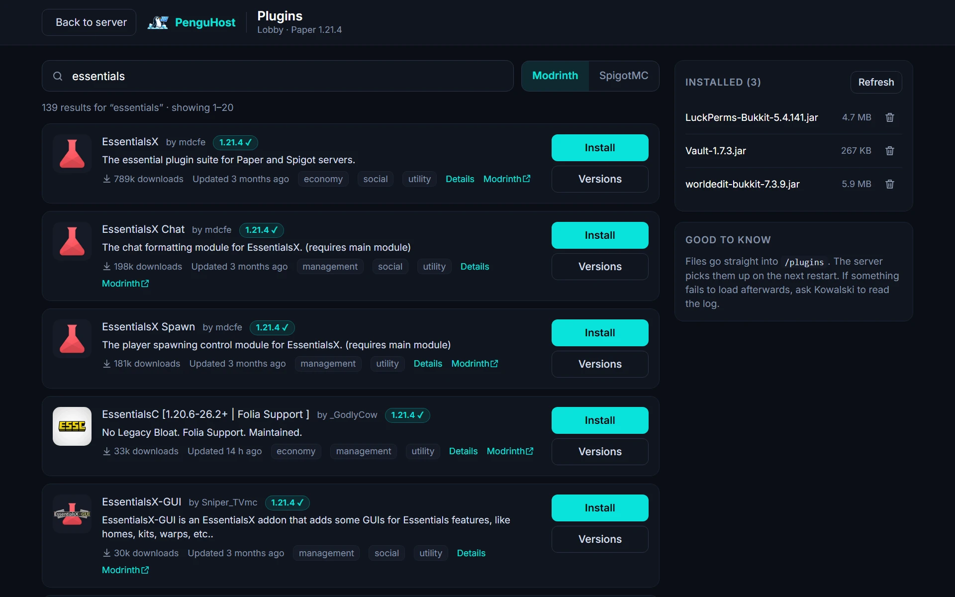 The PenguHost plugin installer: search results from Modrinth for EssentialsX with install buttons, version badges and the list of installed plugins