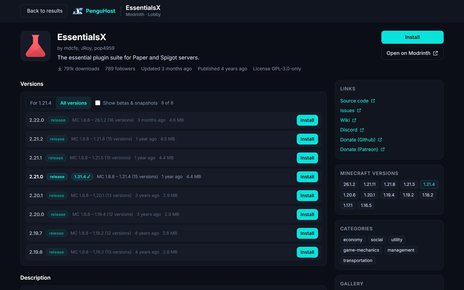 Version list of a plugin with release tags, supported Minecraft versions and an install button per version