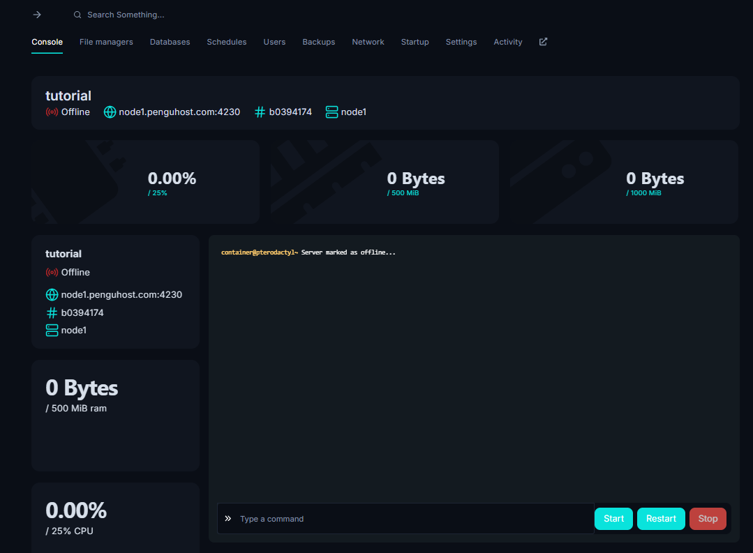 The PenguHost game panel: console, files, backups and startup settings of a server